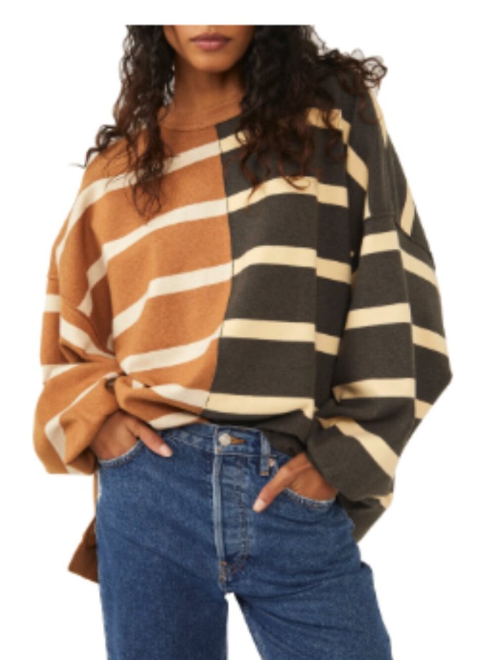 Free People Uptown Stripe Sweatshirt SPICED OATMEAL COMBO, Size Medium